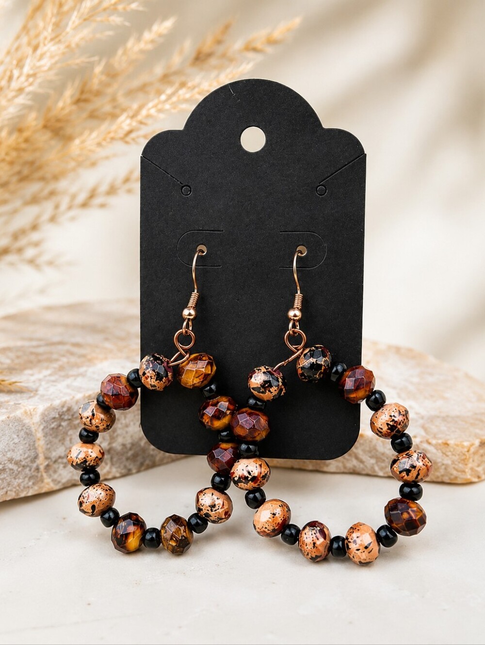 Rustic Copper & Amber Beaded Hoop Earrings | Boho Statement Dangle Earrings